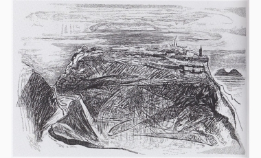 Tano Santoro: Naso e l’isola, acquaforte – tinta, 1985, mm.450 x 600.