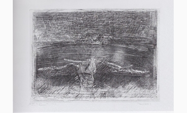 Tano Santoro: L’albero e l’isola, 1988, acquaforte – tinta, 450 x 630. mm. .