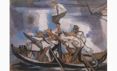 Renato Guttuso:La pesca del pesce spada, 1949, smalti e tempera su carta intelata, cm 150 x 205, Roma,Collezione privata.