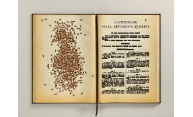 Emilio Isgrò; Una indivisibile minorata, 2010, libro e tecnica mista, 77 x 103 cm.
