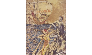 Giulio Aristide Sartorio: La delegazione messinese si reca in Calabria dal Conte Ruggero, 1930 - 32, 180 x 360 mm.