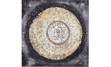 Stello Quartarone: Reperto, 2012, tecnica mista metalli argilla, pece nera, colori, 31 x 31 cm.