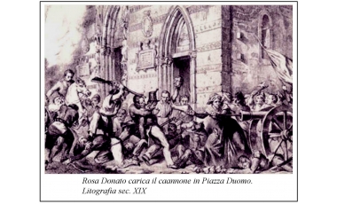 Una stampa d'epoca con Rosa Donato che ricarica il cannone